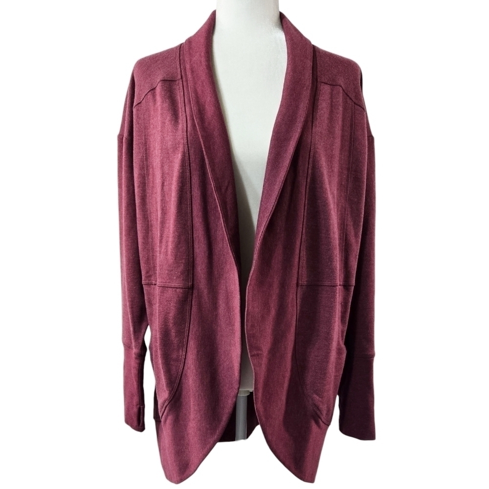 Eddie Bauer Dark Pink Red Camp Fleece Wrap Open Front Cardigan Pockets Cozy